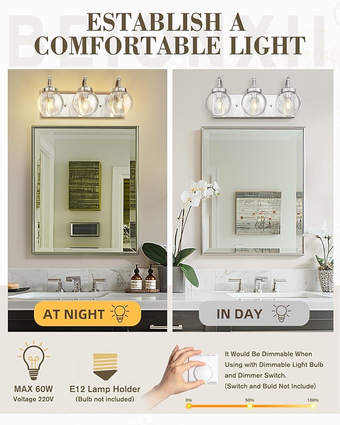 Beionxii Brushed Nickel Bathroom Light Fixtures, 3-Light Bathroom Vanity Light Over Mirror, Modern Vanity Lighting Fixtures with Clear Glass Shade for LivingRoom Hallway, BX-VL03BN-3CG