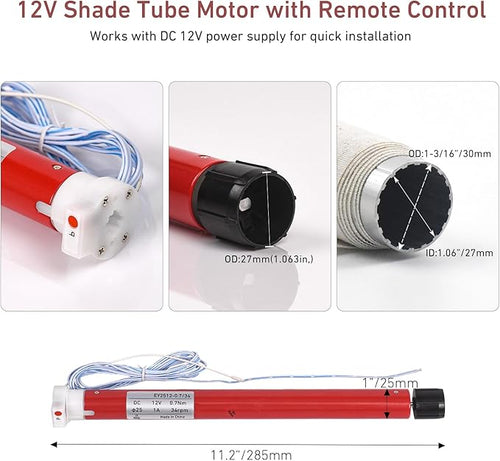 1-3/16inch (30mm) RV Electric Roller Shade Replacement Motor for RV Blinds & Shades – 12V Shade Tube Motor with Remote Control