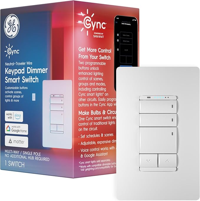 GE Cync Keypad Dimmer Smart Switch, Highly Customizable Dimmer Switch, Compatible with Alexa and Google Home, Matter Compatible, Easy to Install Smart Light Switch (1 Pack)