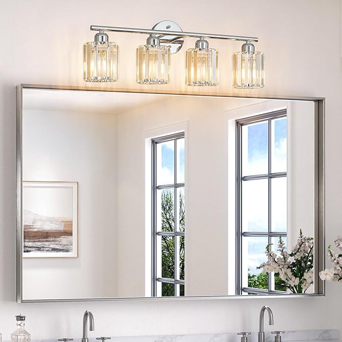 FDPBY Modern 4 Light Crystal Vanity Light, Chrome Vertical Bathroom Light Fixture Over Mirror for Dressing Table Sink, Compatible with Dimmable Bulbs (Bulbs Not Included)