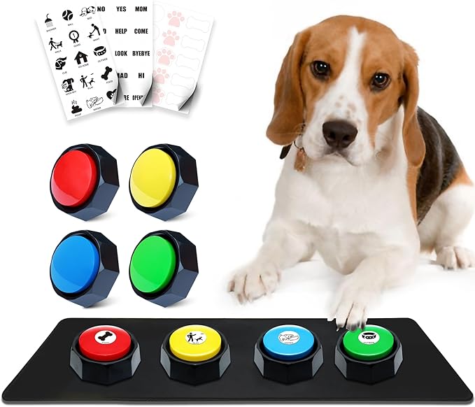 ANLIKY Recordable Buttons, Dog Buttons for Communication, Pack of 4 Colored Buzzers with Mat & 30 Scene Stickers 15 Custom Stickers. Non-Slip Stickers Inside