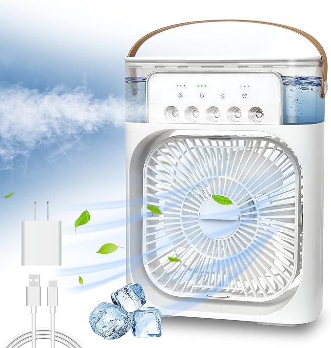 NTMY Portable Air Conditioner Fan, Mini Evaporative Air Cooler with 7 Colors LED Light, 1/2/3 H Timer, 3 Wind Speeds and 3 Spray Modes for Your Desk, Nightstand, or Coffee Table