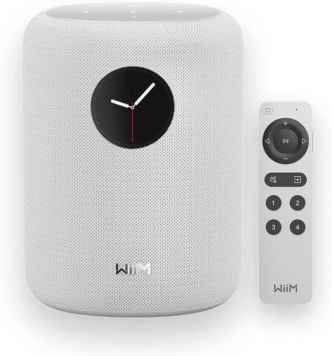 WiiM Sound Smart Speaker with 1.8″ Touch Display, Hi‑Res 24‑bit/192 kHz, AI RoomFit™ Room Correction, 100W Peak, Wi‑Fi 6E/Bluetooth 5.3, Multi‑Room & Stereo Pairing, Remote Included, White