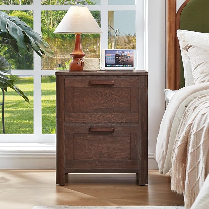 Joaxswe Farmhouse Nightstand with Charging Station, End Tables Bedroom with 2 Large Drawers & 4 Thickened Table Legs, Walnut
