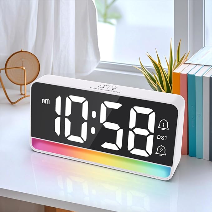 Alarm Clocks for Bedrooms, Digital Bedside Clock with RGB Night Light, Adjustable Volume for Heavy Sleepers, USB Charger, Large Display, Modern Decor for Desk, Dimmable Alarm Clock for Kids(White)