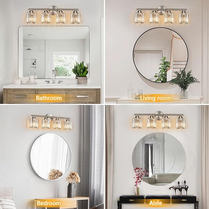 FDPBY Modern 4 Light Crystal Vanity Light, Brushed Nickel Vertical Bathroom Light Fixture Over Mirror for Dressing Table Sink, Compatible with Dimmable Bulbs (Bulbs Not Included)