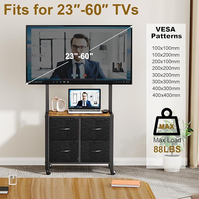 JKsmart Mobile TV Cart Rolling TV Stand Holder with 4 Drawers, for 23-60 inch Flat/Curved Screens,Portable Corner Floor TV Stand on Wheels, Holds Up 88Lbs with Shelf, for Living Room Bedroom