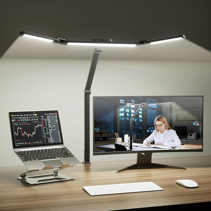 Honeywell Wide Desk Lamp with Clamp for Dual Monitors,22W Full-Spectrum Eye-Caring LED Light Bar for Home Office, 3-Section Adjustable Design with Stepless Dimming