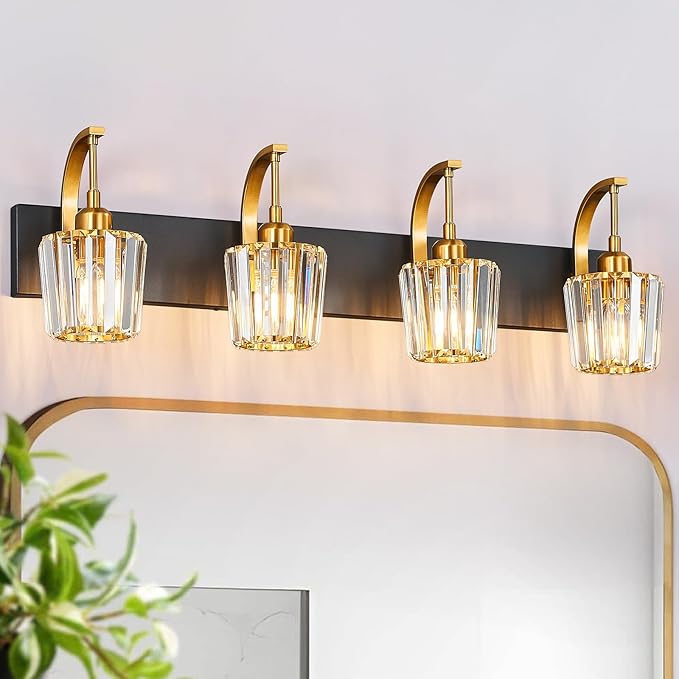 FDPBY Modern Bathroom Vanity Light, 4-Light Black Gold Wall Sconce with Crystal Accents, Over Mirror Bathroom Lighting Fixture, 32.67" Long Dimmable Vanity Lamp for Makeup, Easy Installation