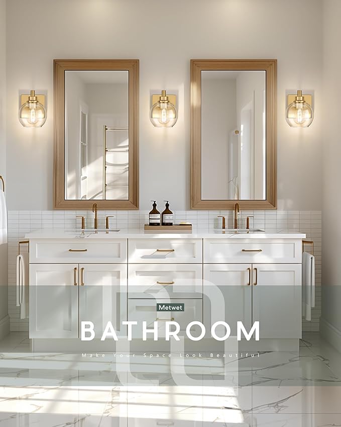 METWET Wall Sconces Set of 2, 1-Light Brushed Gold Sconces Wall Lighting with Globe Clear Glass Shade, Modern Bathroom Vanity Light Fixtures for Mirror Bedroom Living Room, VL195-BG-CL-1-2PK