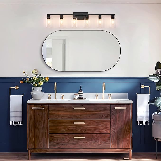 SOPEAS 6-Light Bathroom Vanity Light Black Vanity Lights for Bathroom Light Fixtures Matte Black 6 Light Fixtures with Clear Glass Shades for Bath Over Mirror