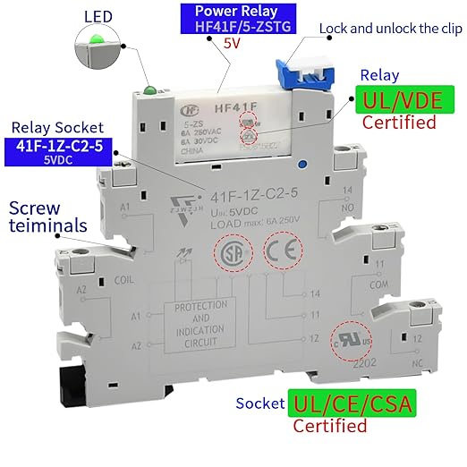 Electromagnetic Relay 5VDC SPDT 6Amp, Power Relays with LED Indicator, Socket Base, DIN Rail, Ultra Thin 6.2mm, UL Certification
