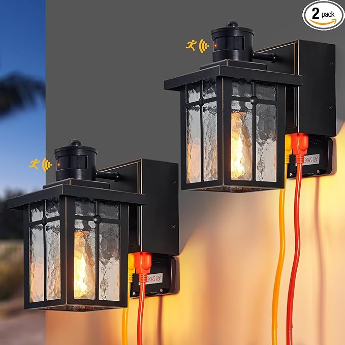 2 pack Porch Lights with GFCI Outlet,Dusk to Dawn Motion Sensor Outdoor Lights,3 Lighting Modes Black Front Door Lights,Waterproof Exterior Light Fixture,Outside Wall lamp for House Patio Garage
