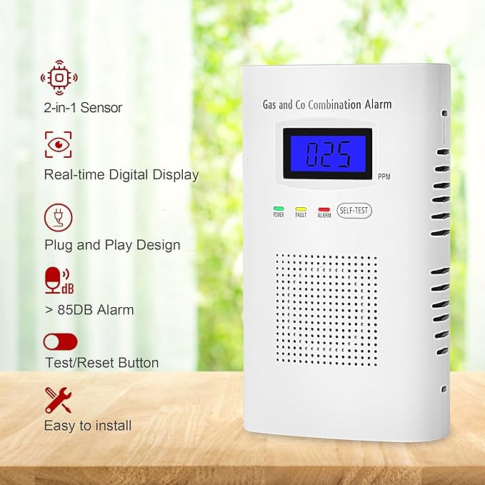3 Pakcs Combination Gas & Carbon Monoxide Detector, Plug in Carbon Monoxide Alarm & Natural Gas Detector,Propane,Methane,with Backup 9V Battery Feature, Digital Display, for Home, Apartment, RV