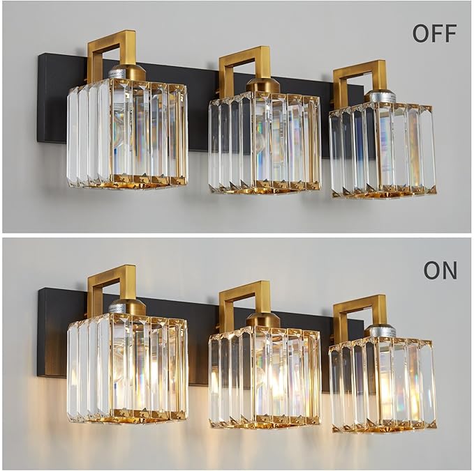FDPBY Modern Bathroom Vanity Light 3-Lights Black Gold Crystal Wall Lamp Bathroom Modern Crystal Vanity Lighting