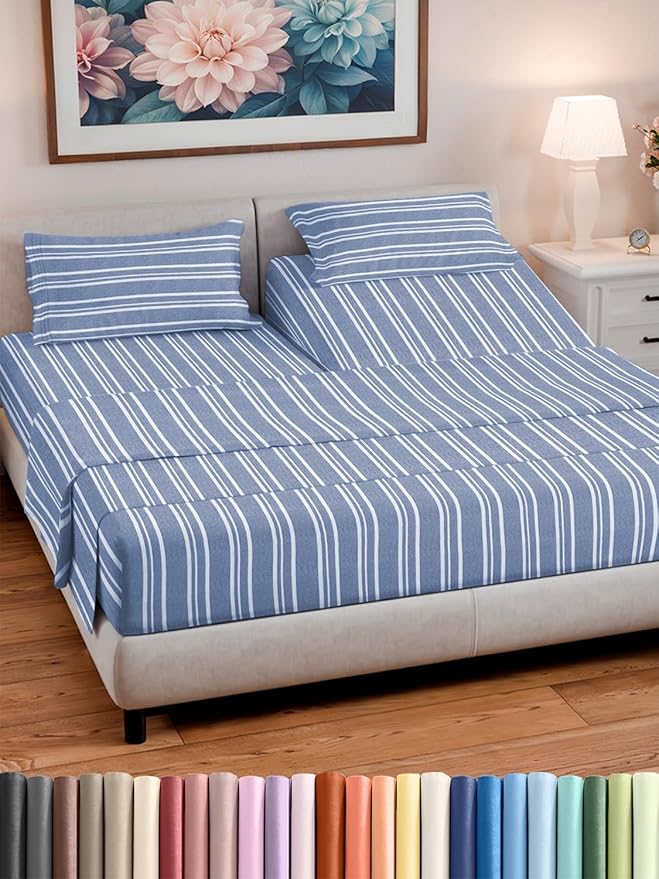 Split Head King Sheet Set – 4 Piece Flex Split Top King Sheets for Adjustable Beds - Fits 14” to 16" Mattress w/ Deep Pockets - Breathable & Cooling - Luxury Bedding and Wrinkle Free - Blue Stripes 3