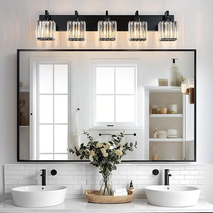FDPBY Modern Bathroom Vanity Light 5-Lights Plating Black Crystal Bathroom Wall Light Vanity Light Fixtures