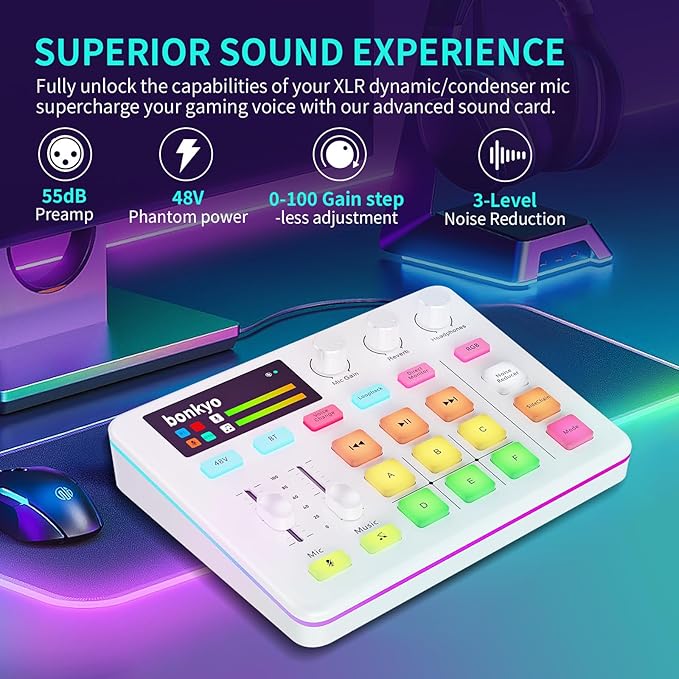 Bonkyo Gaming Audio Mixer & USB Interface with XLR Microphone, Bluetooth 5.0, RGB Effects, 48V Phantom Power, Voice Changer, G1 Sound Card for PS5, TikTok Live Streaming, Podcasting（White）