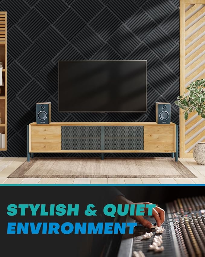 Knightsacoustic 48 Pack Sound Proof Foam Panels for Walls with Self Adhesive, 12x12x1 Acoustic Foam Panels, High Density Acoustic Panels Sound Absorbing, Fire Resistant Studio Sound Proofing Black
