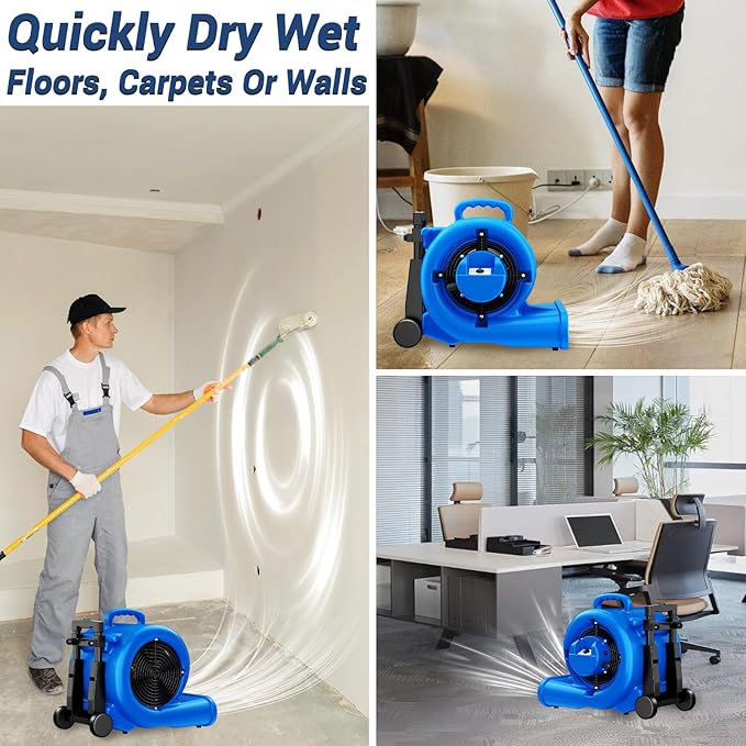 BSMTEK 5000 CFM 1HP Air Mover Blower Fan, Floor Blower Dryer - Timer for Industria, 3 Speeds, 4 Adjustable Angles, Handle Wheelkit, 15Ft Long Cord Portable, Stackable - 2026 Upgraded, Blue