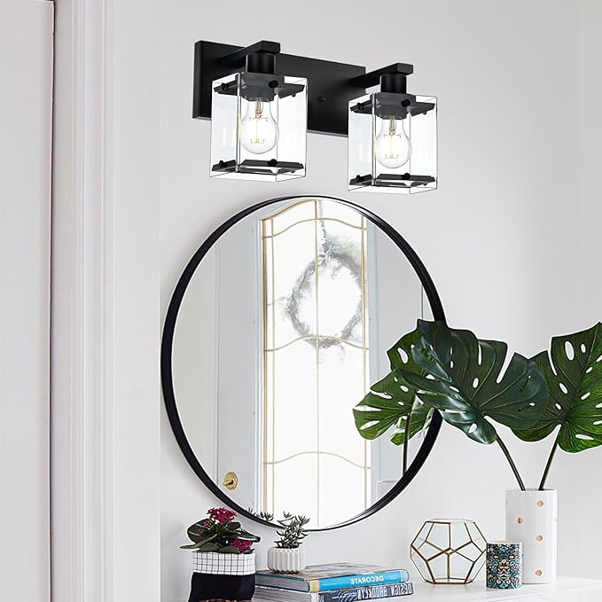 WINSHEN Black 2-Light Wall Sconce Bathroom Light Fixture, Rectangular Clear Glass Vanity Lighting Over Mirror, E26 Bulb Base