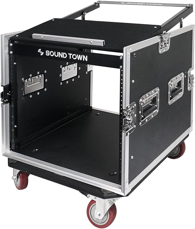 Sound Town Enhanced Thickness 1/2" (12mm) Plywood 10U Audio Rack/Road Case with 14U Slant Mixer Top, 25’’ Rackable Depth and Casters-Pro Tour Grade (STMR-DE10UW)