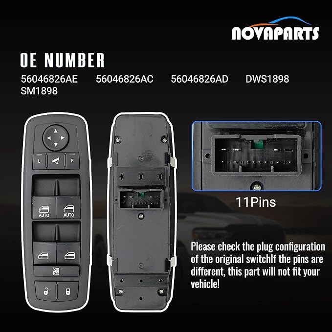 NOVAPARTS 11PINS 56046826AE Driver Side Power Control Window Switch for 2016-2018 Ram 1500 2500 3500 2019-2024 Ram 1500 Classic 56046826AC 56046826AD Front Left (2 Auto, 3+8 pins)