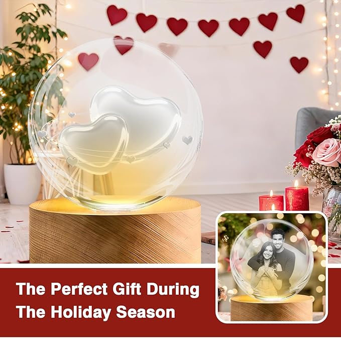 LOVEVEN Personalized 3D Crystal Ball Night Light - Custom Photo Snow Globe Lamp for Valentine‘s Day, Anniversary, Birthday - Memorial Keepsake Gift for Couples, Family, Pets