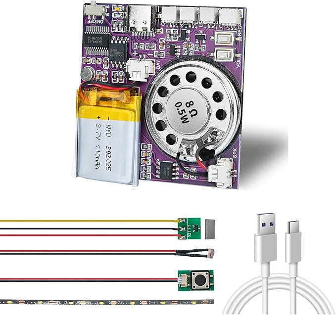 XLW Sound Module, 16MB Push Button, Magnetron, Light Control Activated Recordable Voice Sound Chip Module with LED Light Strip, Speaker, for Greeting Card Audiobook, Xmas Presents Boxes, Kids's Toys.