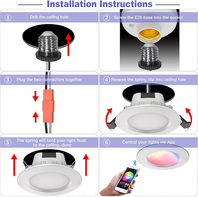 VANANCE 4" Smart Recessed Lighting 6 Pack, Dimmable, Multicolorred, 2700K~6500K, CRI80+, Color Changing Retrofit Bluetooth Mesh LED Ceiling Light, 4 Inch RGB Canless LED Downlight