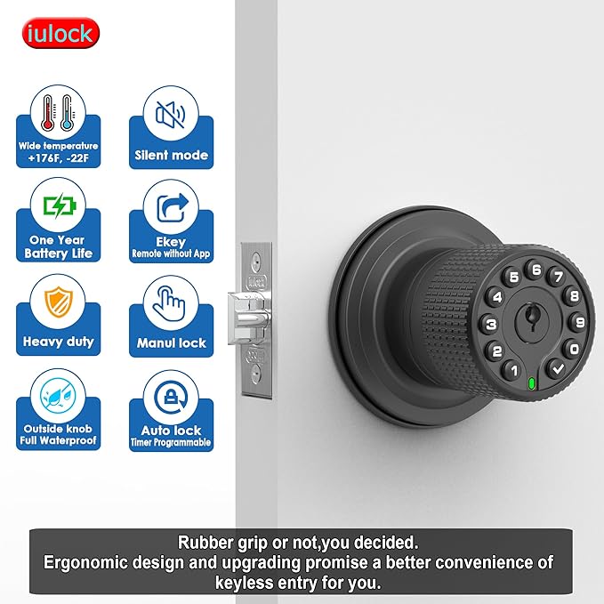 iulock Keypad & Key Smart Door Lock, 50 User Codes, Waterproof, Auto Lock - Matte Black