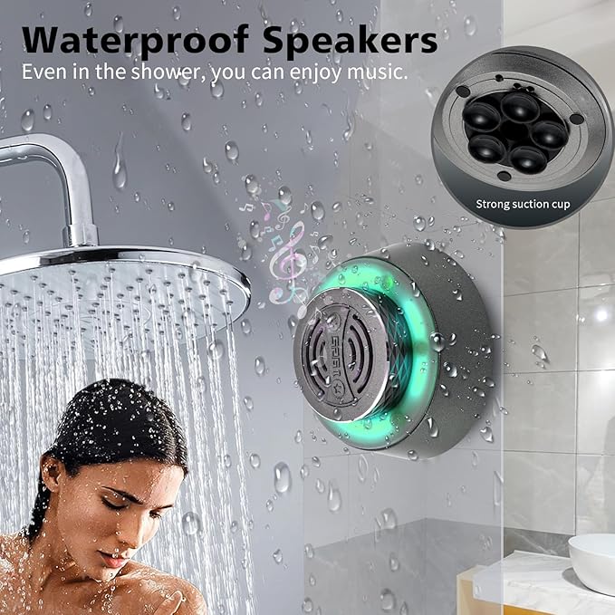 Okjew Bluetooth Shower Speaker, IP67 Waterproof Wireless Speaker with Colorful LED Lights, True Wireless 3D Stereo Sound, Portable Outdoor Speakers for Beach, Pool, Kayak, Travel, and Home Use (Blue)