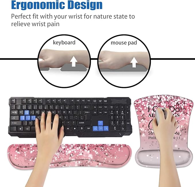 Ergonomic Mouse Pad Wrist Support and Keyboard Wrist Rest Set with Coasters, Non-Slip PU Base, Easy Typing & Pain Relief, Perfect for Home Office Working Studying, Bible Verse Philippians 4:13