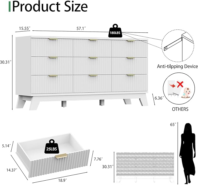 Xixini Fluted Dresser for Bedroom with 9 Drawers, 57" Wide Modern Chest of Drawers with Metal Handle, Wooden Dresser TV Stand, Wood Closet Clothes Storage Organizer for Living Room, Hallway, White