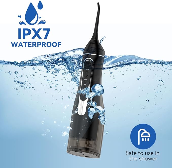 Cordless Portable Water Flosser with 300ML Tank: Rechargeable Oral Irrigator with 5 Tips for Travel, Braces Care and Sensitive Gums, IPX7 Waterproof Teeth Cleaning Device(Black)