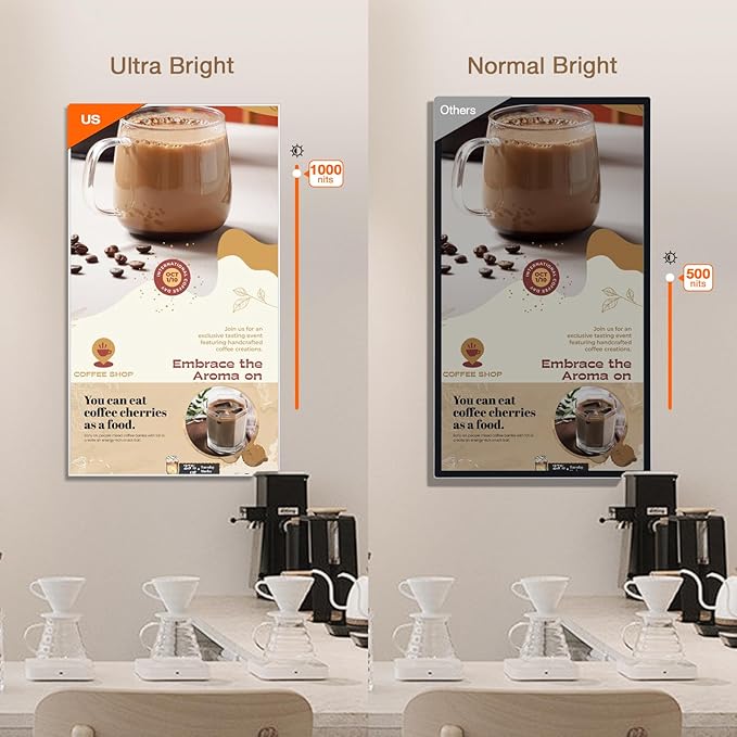 Canlarriz Digital Signage Display 55 inch Wall Mount Digital Menu Board for Restaurants and Stores Advertising Screen 1000 nits Ultra-High Brightness 4K UHD Free Web Content Editor Android 4GB + 32GB