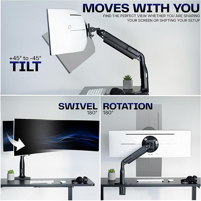 VIVO Aluminum Ultrawide Monitor Stand, Classic + USB, Fits up to 49 inch Screens, Single Articulating Pneumatic Arm, USB Ports, C-Clamp and Grommet Desk Mount, Max VESA 200x100, Black, STAND-V100HU
