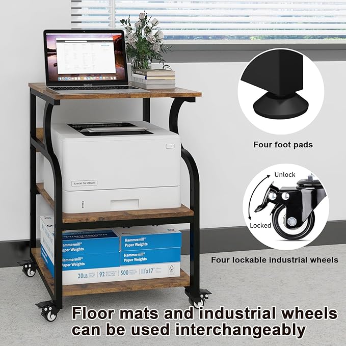 Natwind Large 3-Tier Rolling Printer Cart with Adjustable Shelf, 24”x20” Mobile Stand for Heat Press, 3D Printer, Home Office Multifunctional Shelves with Locking Wheels (Retro)