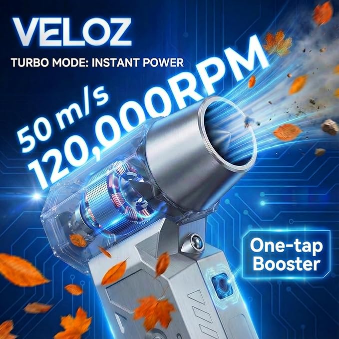 Veloz Compressed Air Duster-4 Gear Adjustable Super Power Portable Electric Air Duster with LED Light, Rechargeable Cordless Air Blower for PC, Keyboard, Outdoor, House and Car