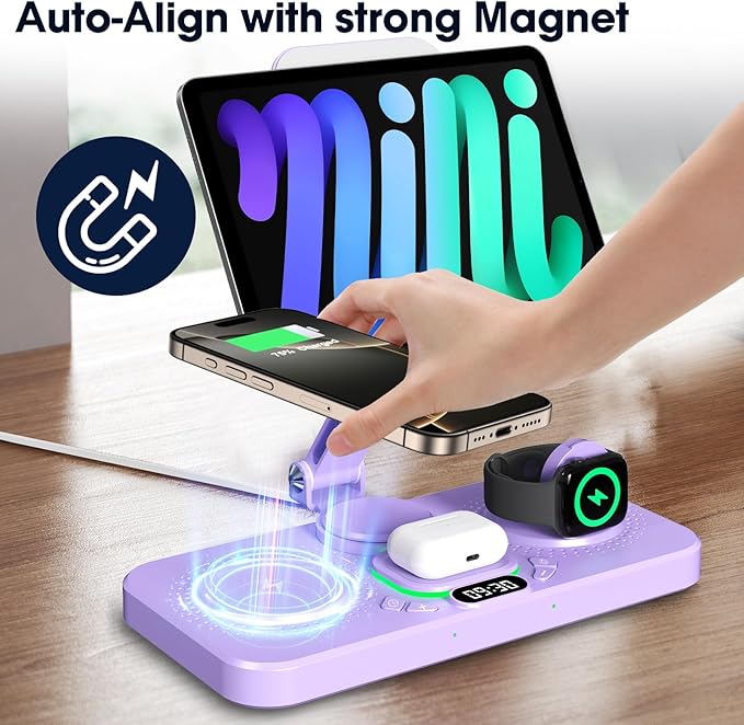 30W Charging Station for Apple Products, Foldable Wireless Charger with Clock Display&7 Color Light, Wired Charging for iPad/Tablet Charging Station for iPhone17, for Apple Watch11 for AirPods4(Purple