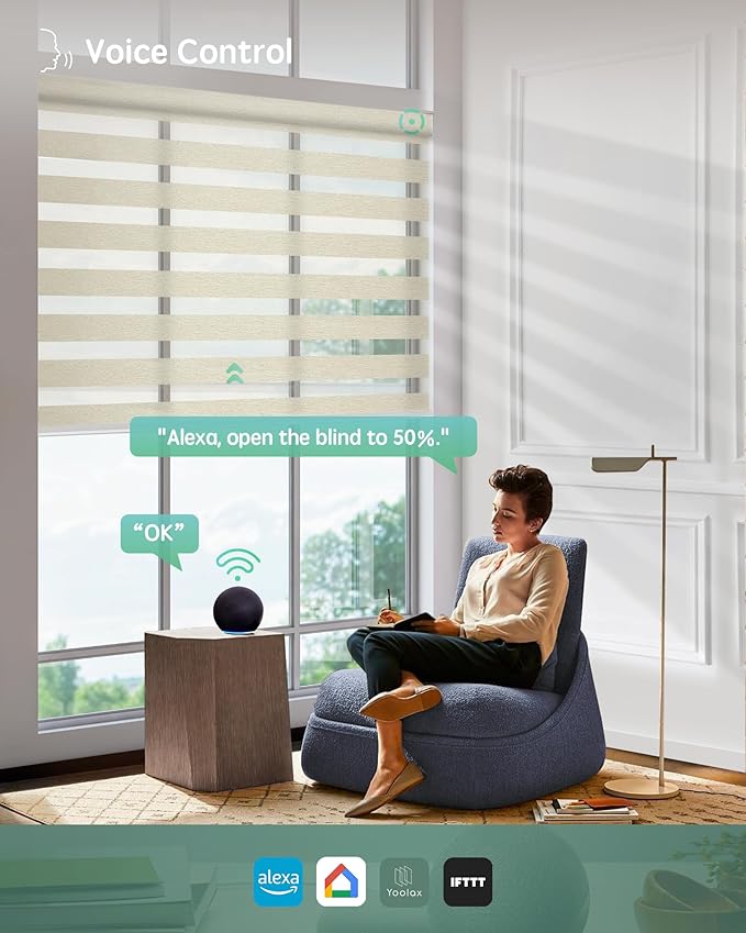 Yoolax Motorized Zebra Blinds Compatible With Alexa, Custom Size Electric Blinds With Remote, Privacy Window Shades (Beige)