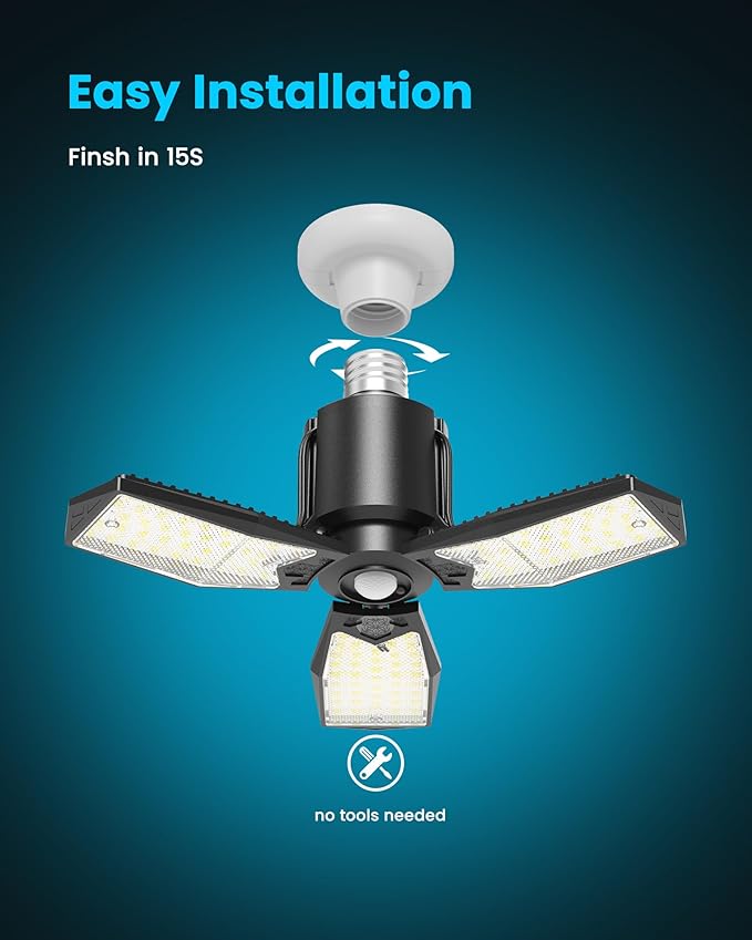 Kryoza Motion Sensor Garage Light 80W 8000LM, Motion Activated Shop Light with 360° Detection and 3 Deformable Panels, 3 Modes Screw-in Garage Ceiling LED Bulb for Indoor Basement, Attic 1-Pack