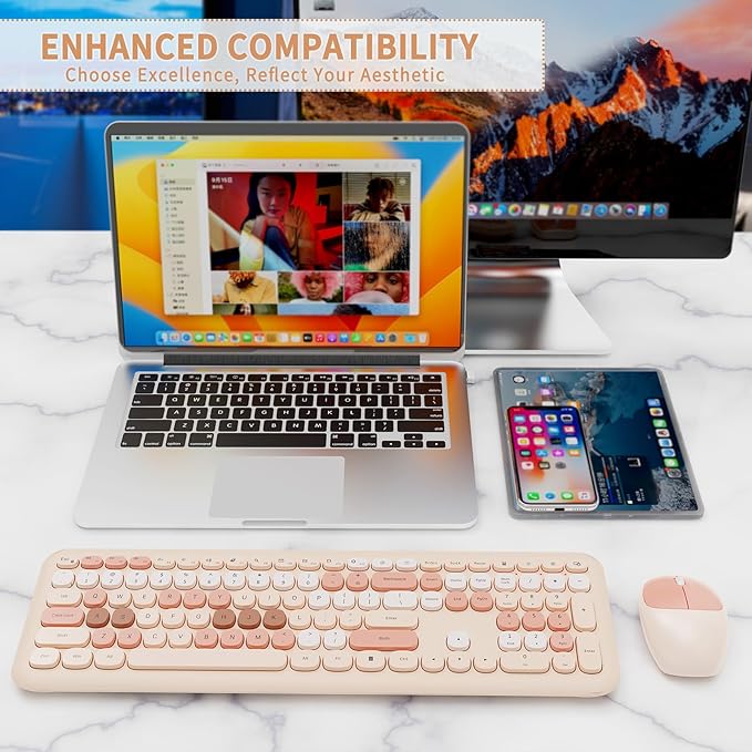 Nowlike Wireless Keyboard and Mouse Combo, Retro Typewriter Keyboard with Round Keycaps, Full-Size Ergonomic, Brown, Ideal for Windows PC, Home, Office, and College, Wireless Keyboard Mouse Combo