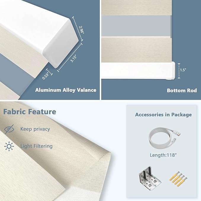 COOLWINDS Motorized Zebra Blinds for Windows Cordless Electric Curtains with Remote Control Blackout Shades Custom Smart Blinds Compatible with Alexa Google Home(Light Filtering Beige,W27 X 72in)