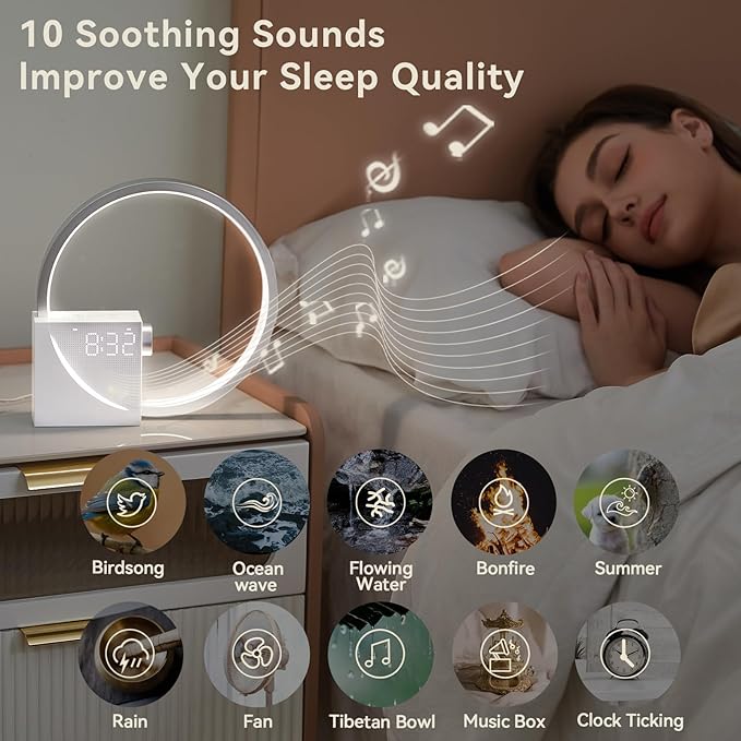 Vivilumens Sunrise Digital Alarm Clock, White Noise Sound Machine, Sleep Aid Timer with USB Port, Dimmable Digital Clocks Display, Snooze,10 Ringtones for Heavy Sleepers, Bedroom Decor Gifts for Women