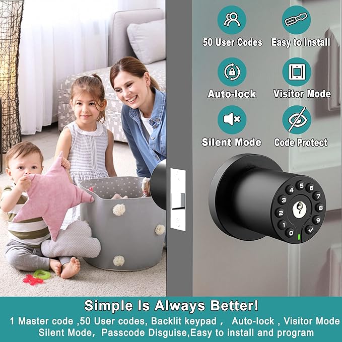 BOTHSTAR Keypad Door Knob with Key,Keyless Entry Door Lock, Code Locks Door Knob, Auto Lock,50 User Code,Easy to Install,for Home,Office,Hotel,Bedroom,Garage,No Deadbolt, Matte Black Finish