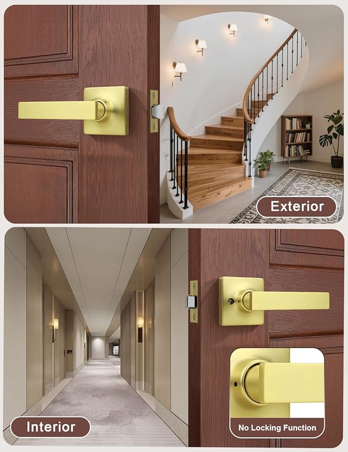 Mengico 5 Pack Passage Door Levers Gold Finish, No-Locking Keyless Square Door Knob, Interior Door Handles for Closet and Hallway, Reversible for Left & Right Handed