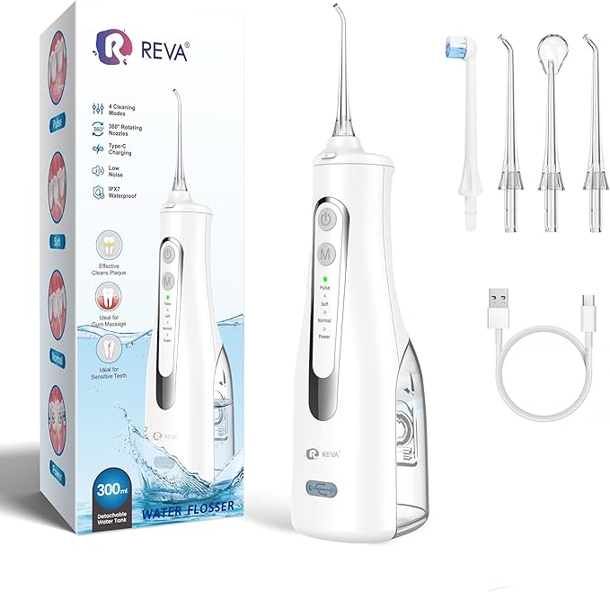 R REVA Cordless Oral Irrigator - 4 Modes Water Flosser for Teeth Cleaning, 300ML Reservoir, 360° Nozzle, IPX7 Waterproof, 2000mAh Rechargeable Battery, 4 Jet Tips, Smart Memory Function (M149 - White)