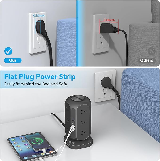 AOFO Long Extension Cord 15 ft Power Strip Tower, Surge Protector 12 AC Outlets 4 USB(1 USB C) Ports, Charging Tower Overload Protection with Multiple Outlets for Home Office