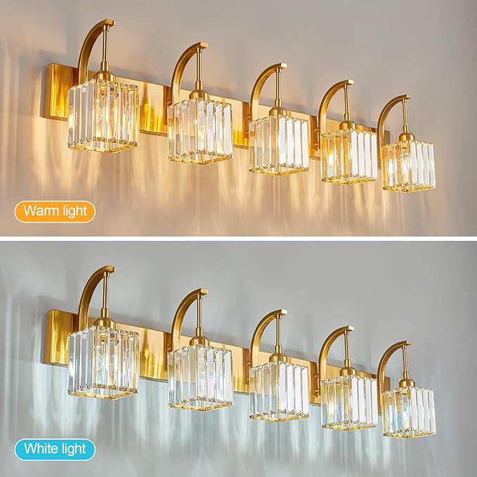 FDPBY 5-Light Crystal Vanity Light, Modern Gold Bathroom Wall Sconce with K9 Crystal Shades, 42.51" Long Over Mirror Lighting for Vanity, Makeup, Hallway, Elegant & Easy Installation